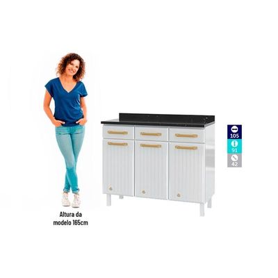 Gabinete De Cozinha Modulado Balcão Diamante 3 Portas E 3 Gavetas C/ Tampo 105cm Branco - Telasul