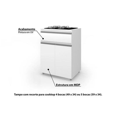 Gabinete De Cozinha Modulado Balcão Asm 186 P/ Cooktop 2 Portas E 1 Gaveta Branco - Movelbento