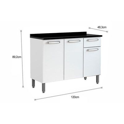 Gabinete De Cozinha Modulado Balcão Evidence 7122 3 Portas E 1 Gaveta C/ Tampo Branco - Bertolini