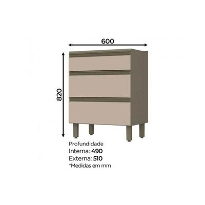 Gabinete De Cozinha Modulado Balcão Connect C/ 3 Gavetas S/ Tampo Duna/cristal - Henn