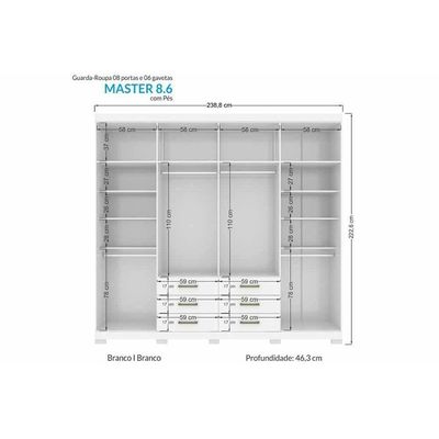 Guarda Roupa 8 Portas E 6 Gavetas C- Espelho E Pés Master 8.6 Jatoba - Santos Andirá