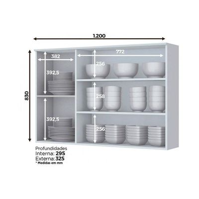 Armário De Cozinha Modulado Americana 3 Portas Vidro (2 C/ Vidro) 120cm Cinza - Henn