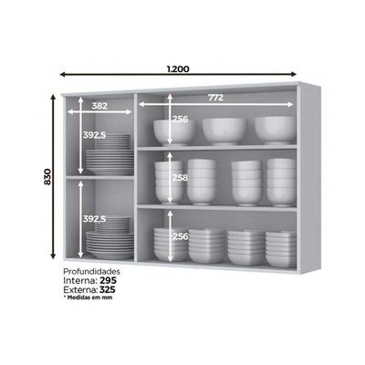 Armário De Cozinha Modulado Americana C/ 3 Portas (2 C/ Vidro) 120cm Cinza - Henn