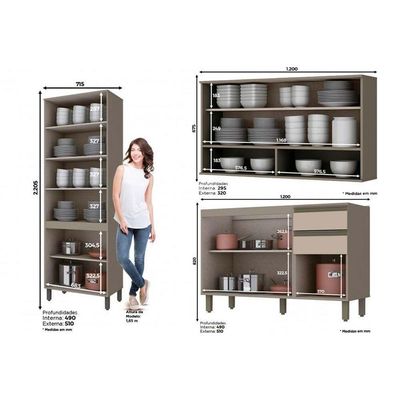 Kit De Cozinha Modulada 8pçs Connect 4 Armários + 2 Balcões + 2 Complementos C8P10 Duna/Cristal Henn