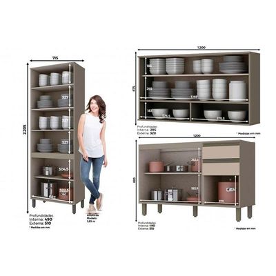 Kit De Cozinha Modulada 8pçs 2 Armários 2 Balcões 2 Paneleiros 2 compl. C8P08 Duna/Cristal Henn