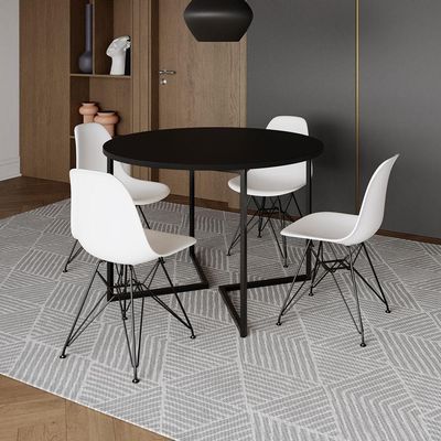 Mesa Industrial Jantar Redonda Preta 110Cm Base V Com 4 Cadeiras Eames Brancas Ferro Preto Preto