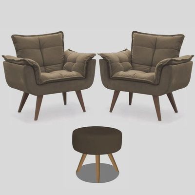Kit 2 Poltronas Opalas Com Puff Redondo Suede Cappucino