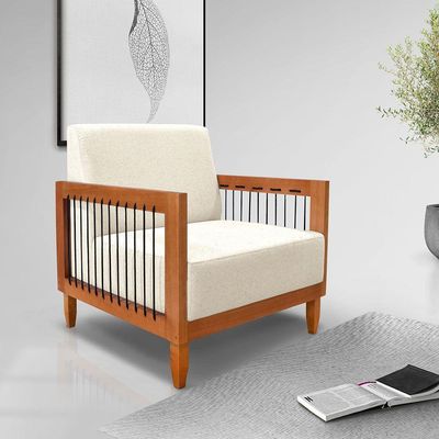 Kit Poltrona E Sofá Living 2 Lugares Marilia 1,60m Linho Natural Base Em Madeira Castanho - Pallazio