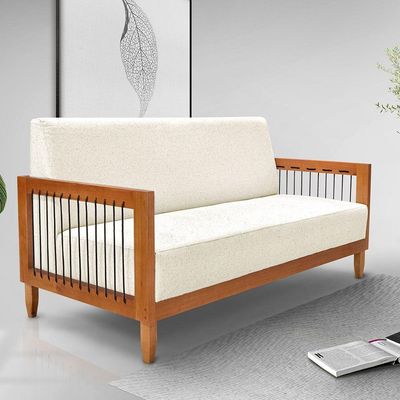 Kit Poltrona E Sofá Living 2 Lugares Marilia 1,60m Linho Natural Base Em Madeira Castanho - Pallazio