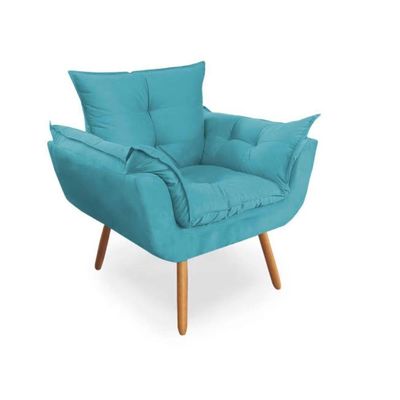 Kit 2 Poltronas Opalas Com Puff Redondo Suede Azul Turquesa
