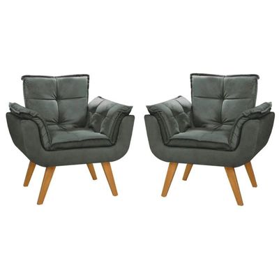 Kit 2 Poltronas Opalas Com Puff Redondo Suede Grafite