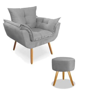 Kit 2 Poltronas Opalas Com Puff Redondo Suede Cinza
