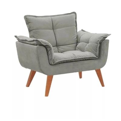 Kit 2 Poltronas Opalas Com Puff Redondo Suede Cinza