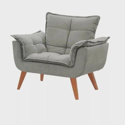 Kit 2 Poltronas Opalas Com Puff Redondo Suede Cinza