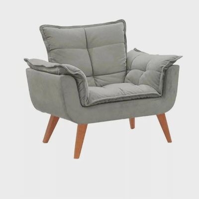 Kit 2 Poltronas Opalas Com Puff Redondo Suede Cinza