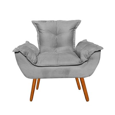 Kit 2 Poltronas Opalas Com Puff Redondo Suede Cinza