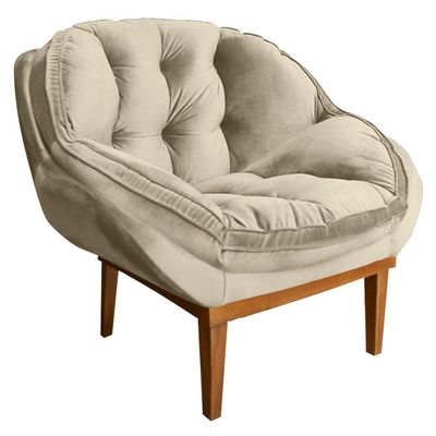 Kit 2 Poltronas Decorativa Veludo Bege Base Madeira Castanho