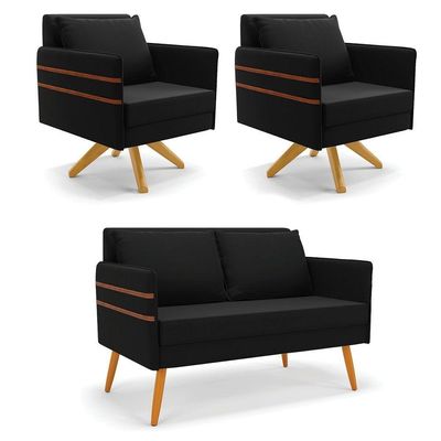 Kit 01 Namoradeira 02 Lugares E 02 Poltronas Mari Suede Preto Base De Madeira Ma30 - D'Rossi