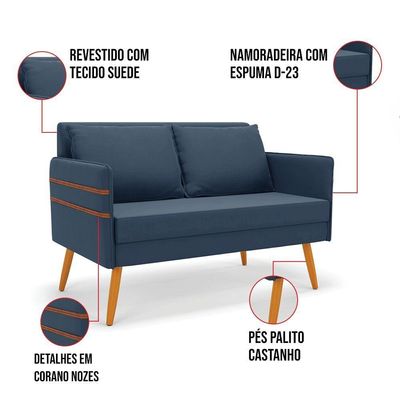 Kit 01 Namoradeira 02 Lugares E 02 Poltronas Mari Suede Ma30 Azul Marinho