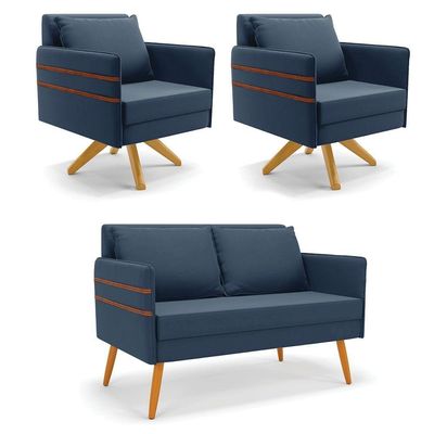 Kit 01 Namoradeira 02 Lugares E 02 Poltronas Mari Suede Ma30 Azul Marinho