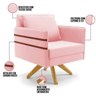 Kit 01 Namoradeira 02 Lugares E 01 Poltrona Mari Suede Rosa Bebê Base De Madeira Ma30 - D'Rossi