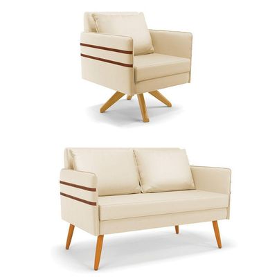 Kit 01 Namoradeira 02 Lugares E 01 Poltrona Mari Corino Base De Madeira Ma30 - D'Rossi Bege