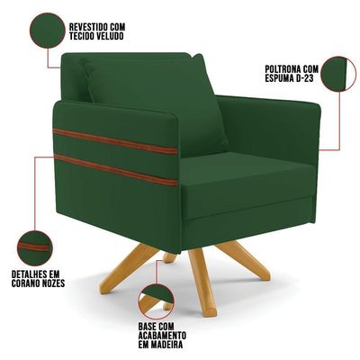 Kit 01 Namoradeira 02 Lugares E 02 Poltronas Mari Veludo Base De Madeira Ma30 - D'Rossi Verde