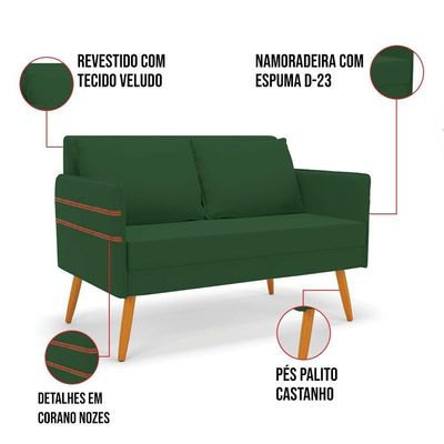 Kit 01 Namoradeira 02 Lugares E 02 Poltronas Mari Veludo Base De Madeira Ma30 - D'Rossi Verde