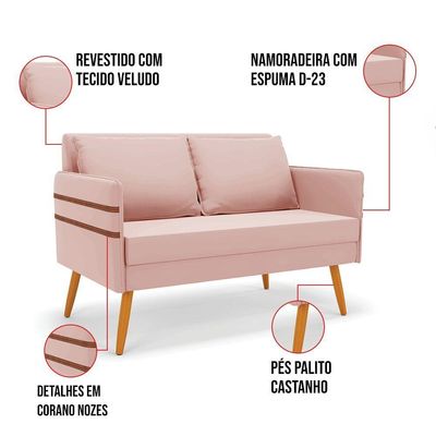 Kit 01 Namoradeira 02 Lugares E 01 Poltrona Mari Veludo Rosê Base De Madeira Ma30