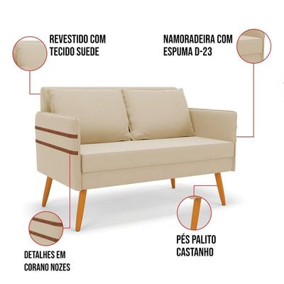 Kit 01 Namoradeira 02 Lugares E 01 Poltrona Mari Suede Bege Base De Madeira Ma30 - D'Rossi