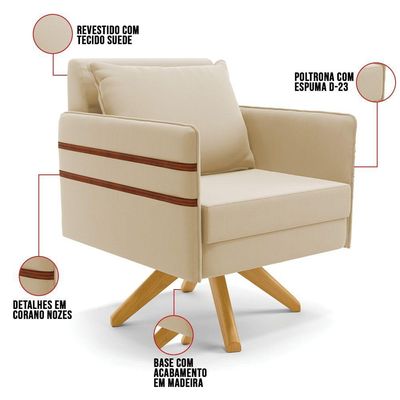 Kit 01 Namoradeira 02 Lugares E 01 Poltrona Mari Suede Bege Base De Madeira Ma30 - D'Rossi