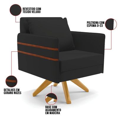 Kit 01 Namoradeira 02 Lugares E 02 Poltronas Mari Veludo Base De Madeira Ma30 - D'Rossi Preto