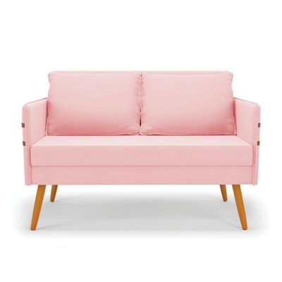 Kit 01 Namoradeira 02 Lugares E 02 Poltronas Mari Suede Rosa Bebê Base De Madeira Ma30 - D'Rossi