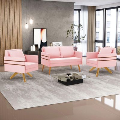 Kit 01 Namoradeira 02 Lugares E 02 Poltronas Mari Suede Rosa Bebê Base De Madeira Ma30 - D'Rossi