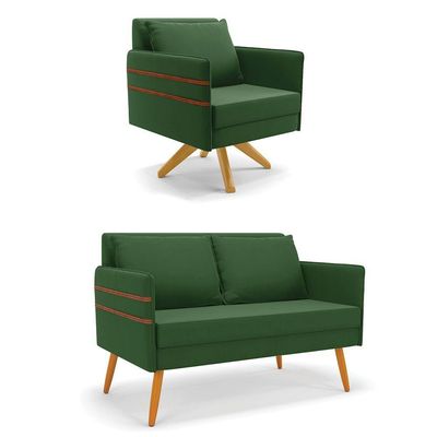 Kit 01 Namoradeira 02 Lugares E 01 Poltrona Mari Suede Verde Base De Madeira Ma30 - D'Rossi