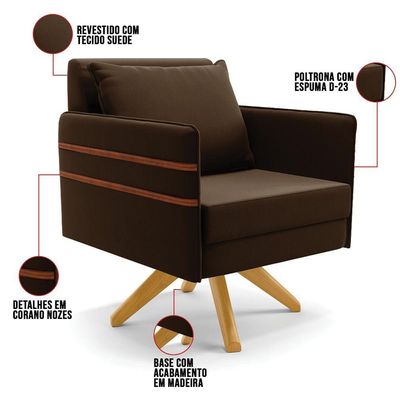 Kit 01 Namoradeira 02 Lugares E 02 Poltronas Mari Suede Marrom Base De Madeira Ma30 - D'Rossi