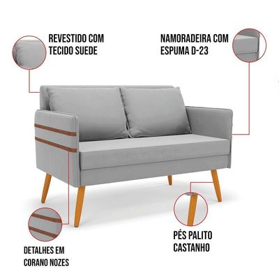 Kit 01 Namoradeira 02 Lugares E 01 Poltrona Mari Suede Cinza Base De Madeira Ma30 - D'Rossi