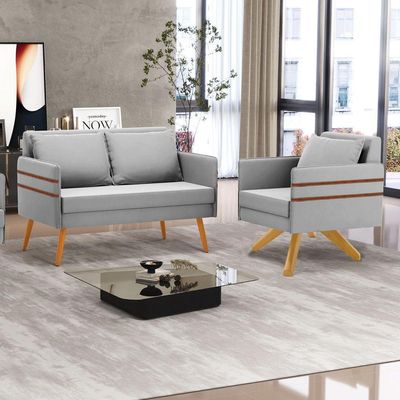 Kit 01 Namoradeira 02 Lugares E 01 Poltrona Mari Suede Cinza Base De Madeira Ma30 - D'Rossi