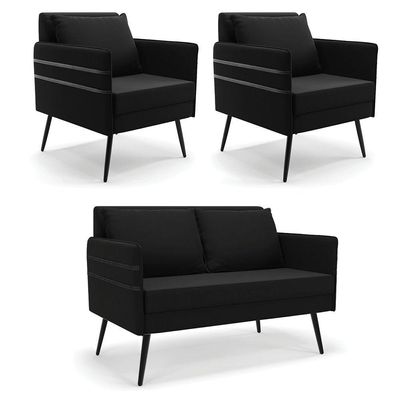 Kit 01 Namoradeira E 02 Poltronas Suede Preto