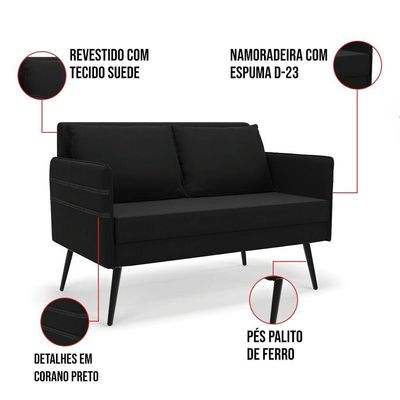Kit 01 Namoradeira E 02 Poltronas Suede Preto