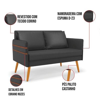 Kit 01 Namoradeira 02 Lugares E 01 Poltrona Mari Corino Base De Madeira Ma30 - D'Rossi Preto