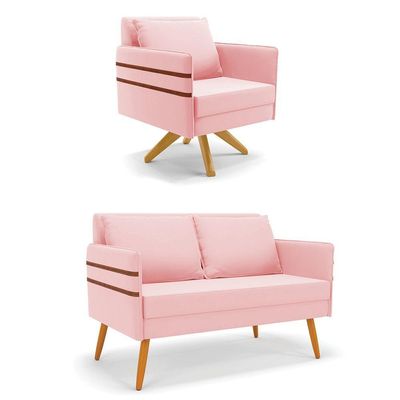 Kit 01 Namoradeira E 01 Poltrona Suede Ma30 Rosa Bebê