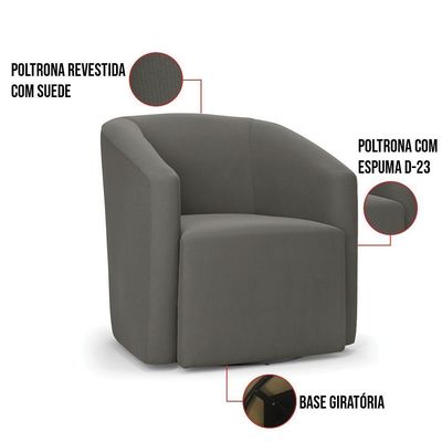 Poltrona Stella Max Suede Grafite Base Giratória - D'rossi