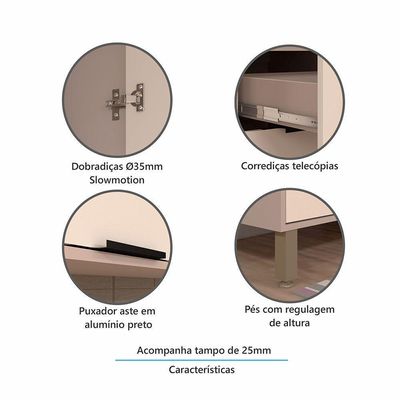 Balcão 120cm 2 Portas E 3 Gavetas Com Tampo Stylo Luciane Móveis Cinammon