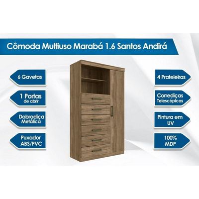 Cômoda Casal Marabá 1.6 C- 1 Porta 2 Nichos E 6 Gavetas Jatoba-grafitte - Santos Andirá