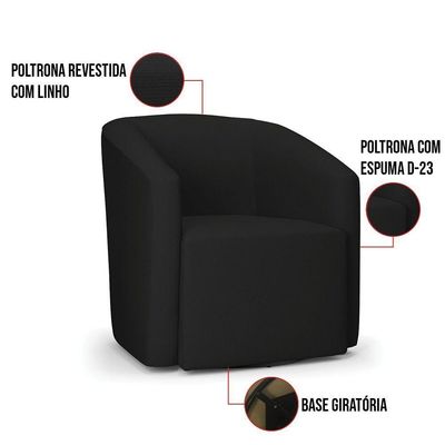 Poltrona Stella Max Linho Preto A79 Base Giratória - D'rossi