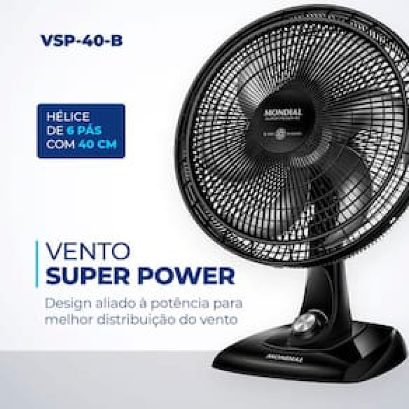 Ventilador de Mesa 40cm Mondial Super Power VSP-40-B 6 Pás 3 Velocidades - Preto