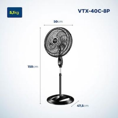 Ventilador de Coluna Mondial VTX-40C-8P 40 cm com 3 Velocidades - Preto Preto / 220