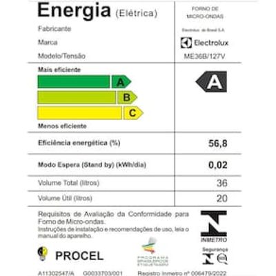 Forno de Micro-ondas Electrolux Efficient ME36B com Funções Fermentar e Manter Aquecido Branco – 36 L Branco / 110