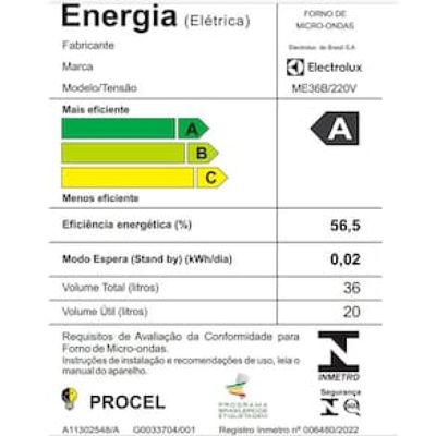 Forno de Micro-ondas Electrolux Efficient ME36B com Funções Fermentar e Manter Aquecido Branco – 36 L Branco / 110
